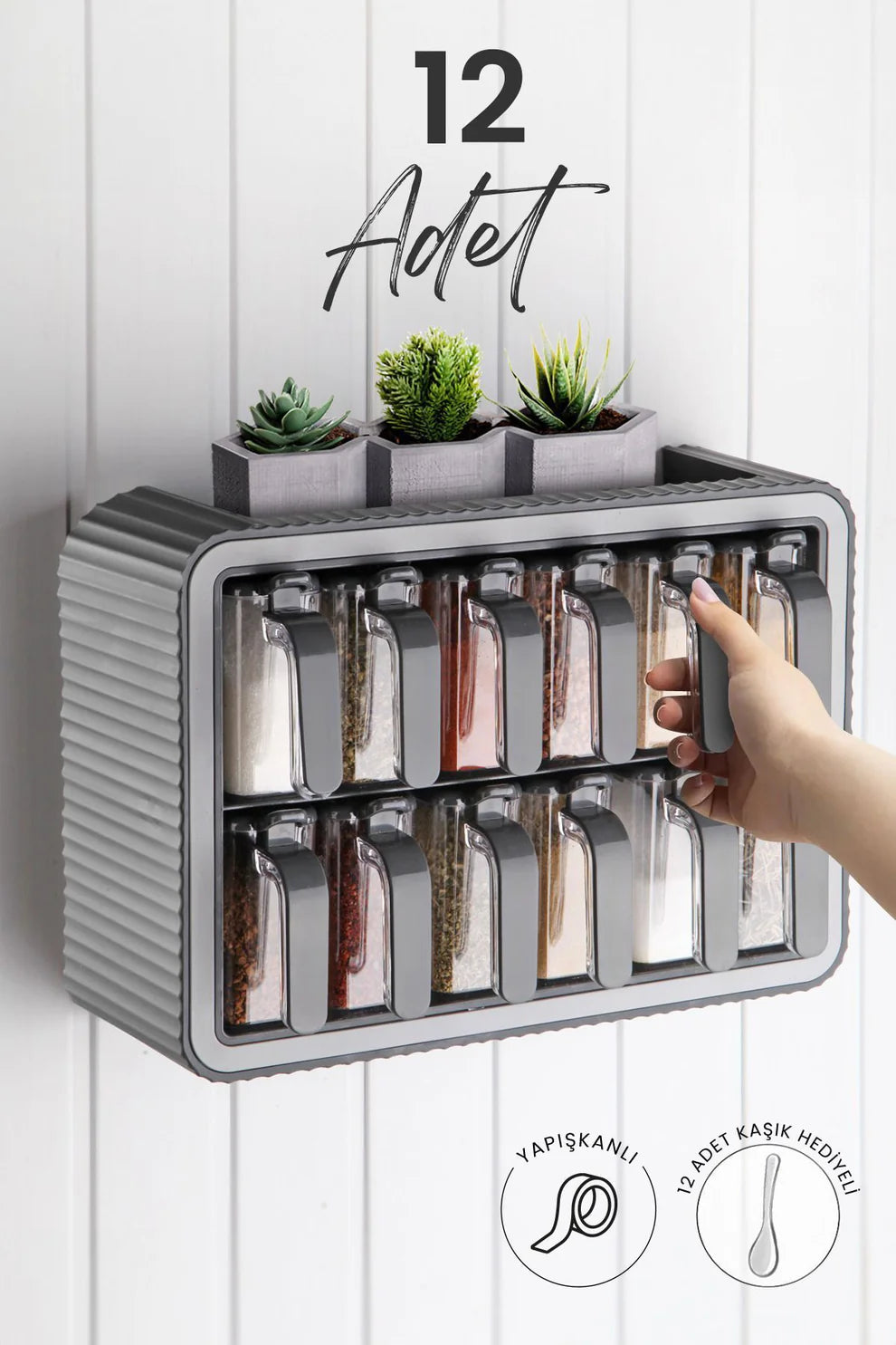 12 Pièces Ensemble de Bocaux à Épices Autocollants avec Support, Couvercles et Cuillères