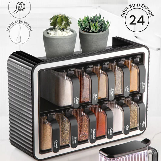 12 Pièces Ensemble de Bocaux à Épices Autocollants avec Support, Couvercles et Cuillères