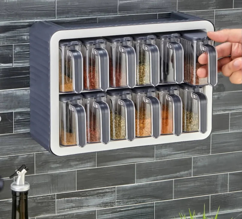 12 Pièces Ensemble de Bocaux à Épices Autocollants avec Support, Couvercles et Cuillères